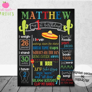 Fiesta First Birthday Chalkboard - First Year Stats with Cactus & Sombrero - Fiesta Birthday Chalkboard - Printed Poster OR Digital File