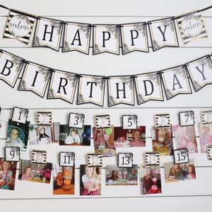 Sweet Sixteen Photo Display, 16th Birthday Photo Banner, Black and Gold 16th Birthday Banner Decor, Tropical 16th Birthday