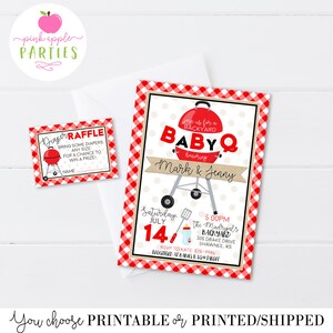 May include: Red and white checkered baby shower invitation with a red and black grill illustration. The text reads "Join us for a Backyard Baby Q honoring Mark & Jenny".