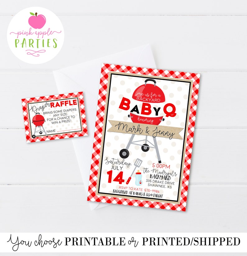 May include: Red and white checkered baby shower invitation with a red and black grill illustration. The text reads "Join us for a Backyard Baby Q honoring Mark & Jenny".