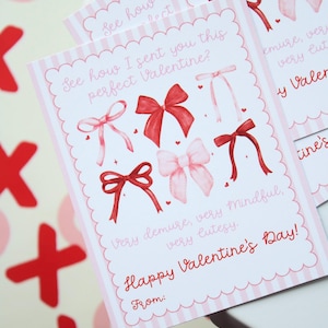 Bow Valentine, Printable Valentine Cards, Demure & Cutesy Class Valentines, Coquette Valentines, DIY Valentines, Classroom Valentines