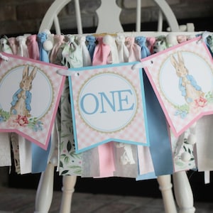 Peter Rabbit High Chair Fabric Garland, Blue & Pink Bunny Birthday High Chair Decor, Spring Birthday Garland, Peter Rabbit 1st Birthday
