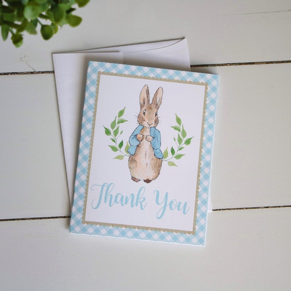 Peter Rabbit Thank You Cards, Blue Gingham Folded Thank You Notes with Envelopes, Bunny Rabbit Party Thank Yous