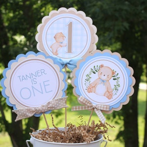 Teddy Bear Picnic Birthday Centerpiece Sticks, Light Blue Teddy Bear Table Decorations, Teddy Bear Birthday or Baby Shower Centerpiece