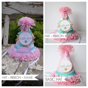 May include: Three pink and white party hats with gold glitter stars and a turquoise trim. The hats have different options: a basic hat, a hat with a ribbon, and a hat with a ribbon and a name. The text on the hats reads "twinkle twinkle little star" and "little star".