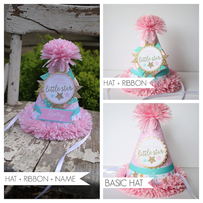 May include: Three pink and white party hats with gold glitter stars and a turquoise trim. The hats have different options: a basic hat, a hat with a ribbon, and a hat with a ribbon and a name. The text on the hats reads "twinkle twinkle little star" and "little star".