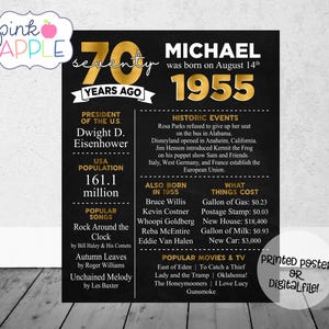 70th Birthday Chalkboard Poster, Back in 1955, 70 Years Ago Poster, 70th Birthday Gift, Milestone Birthday, Printed Poster OR Printable