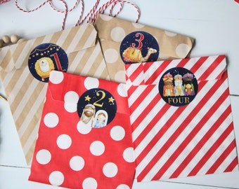 Advent Calendar, Countdown to Christmas, Advent Bags + Stickers, Advent Calendar Kit, Advent Countdown for Kids, Style: Nativity