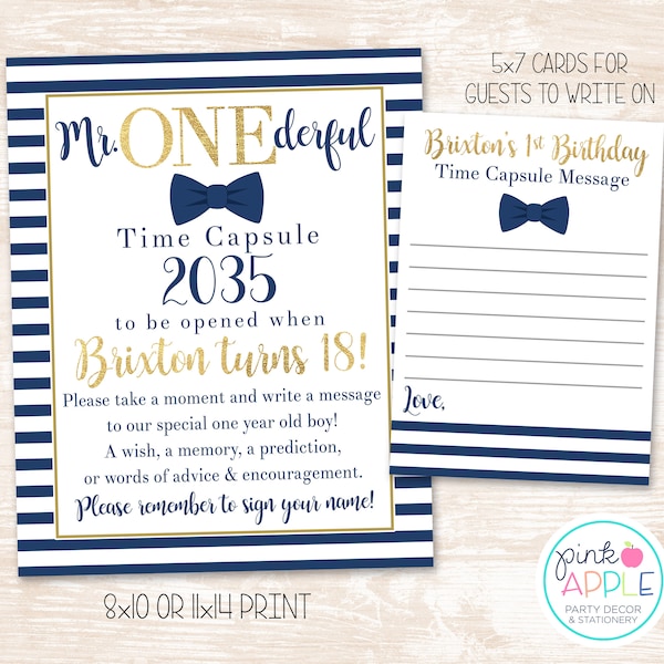 Mr. ONEderful Birthday Time Capsule Set, Little Man Bow Tie First Birthday Sign + Guest Cards