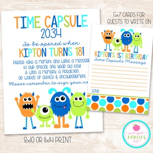 Monster Birthday Time Capsule Set, Monster First Birthday Sign + Guest Cards