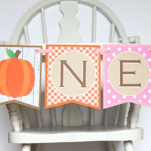 May include: A fall-themed "ONE" banner with a pumpkin, gingham, and polka dot design. The banner is made of paper and has a rustic brown background.