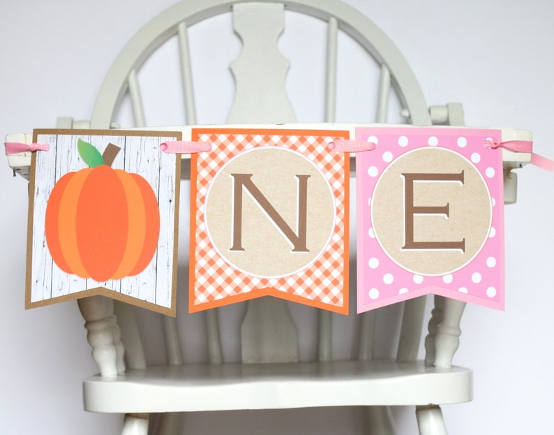 May include: A fall-themed "ONE" banner with a pumpkin, gingham, and polka dot design. The banner is made of paper and has a rustic brown background.