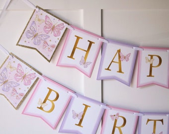 Butterfly Birthday Banner, Butterfly First Birthday Decorations, Happy Birthday Banner, Pink Purple Gold Butterfly Decor