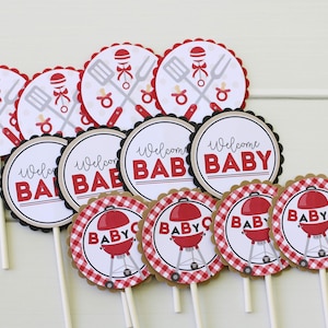 BabyQ Baby Shower Cupcake Toppers - BBQ Couples Baby Shower - Red Gingham Cupcake Picks