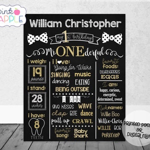 Mr. Onederful Birthday Chalkboard, Black & Gold Bowtie First Year Stats Milestone Sign, Little Man Birthday - Printed Poster OR Digital File