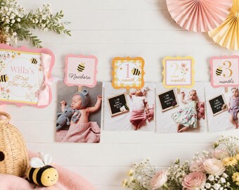 Bee First Birthday Photo Banner, Monthly Baby Photo Display, First Year Bumblebee Decor, 13-Photo Clip Banner for 1st Birthday