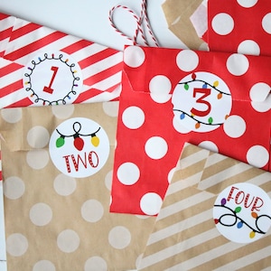 Advent Calendar, Countdown to Christmas, Advent Bags + Stickers, Advent Calendar Kit, Advent Countdown for Kids, Style: Colorful Lights