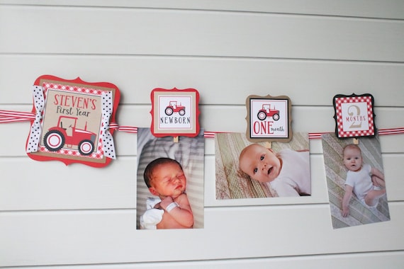 Red Tractor Birthday Photo Banner - 12 Month Baby's First Year Photo Banner - Red Tractor Farm Birthday Party Photo Banner