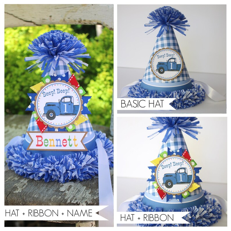 May include: A blue and white gingham party hat with a blue truck and the words "Beep! Beep!" and "1". The hat is decorated with colorful ribbons and a blue pom-pom. The hat is also personalized with the name "Bennett".