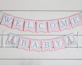 Peter Rabbit Girl Baby Shower Banner, Some Bunny Baby Shower Decorations Fully Assembled, Spring Bunny Baby Shower Banner, Pink & Blue