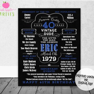May include: A black and white printable poster celebrating a 40th birthday. The poster features a vintage chalkboard design with the name "Eric" in blue text and the year "1979" in white text. The poster also includes a list of popular songs, movies, and events from the year 1979.