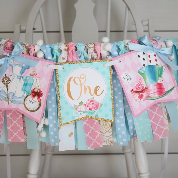 Alice in ONEderland High Chair Fabric Garland, Pastel Pink Blue Aqua Birthday High Chair Decoration, Alice in Wonderland Birthday Garland