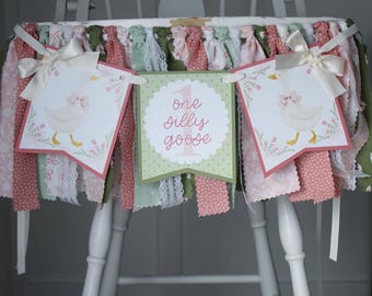 Guirlande de tissu pour chaise haute d'anniversaire Silly Goose, décoration florale vintage de noyau de cottage One Silly Goose, décoration de premier anniversaire rose et vert