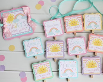 Rainbow Sunshine Birthday Photo Banner, Pastel Rainbow First Birthday, Monthly Pictures Display, 12 Month Photo Banner, Pink and Yellow