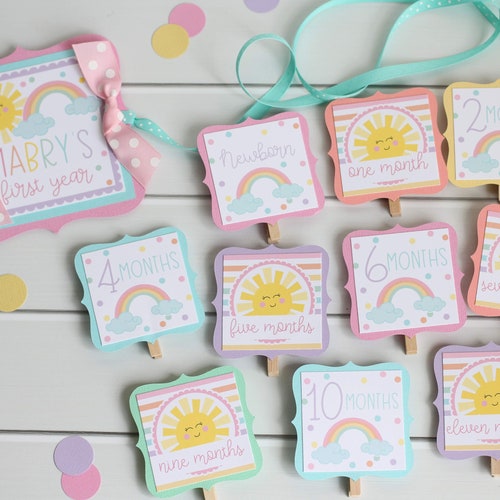 Rainbow Sunshine Birthday Photo Banner, Pastel Rainbow First Birthday, Monthly Pictures Display, 12 Month Photo Banner, Pink and Yellow