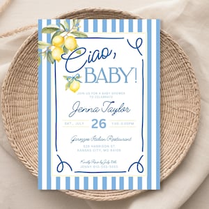 Ciao Baby! Baby Shower Invitation, Mediterranean Summer Amalfi Coast Invite, Italian Baby Shower, Lemons Baby Shower Invitation Blue Yellow