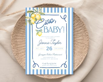 Ciao Baby! Baby Shower Invitation, Mediterranean Summer Amalfi Coast Invite, Italian Baby Shower, Lemons Baby Shower Invitation Blue Yellow