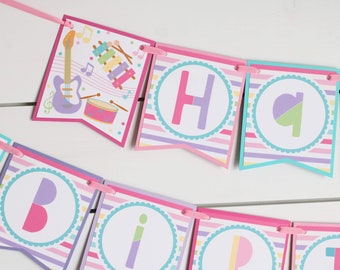 Music Birthday Banner, Musical Instruments Birthday Decorations, Music Birthday Party, Pink Purple Turquoise, Pastel Music Party Decor