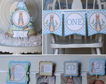Peter Rabbit FIRST BIRTHDAY Package - High Chair Banner, Monthly Photo Banner, Party Hat