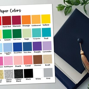 May include: A chart of paper colors with names for each color. The colors include red, dark red, maroon, orange, goldenrod, yellow, butter, green, dark green, sage, turquoise, teal, light blue, Carolina blue, royal blue, navy blue, purple, lavender, watermelon, bubblegum, peach, coral, chestnut, kraft, glitter gold, glitter silver, glitter black, black, white, and gray.