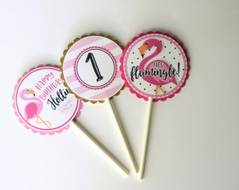 Flamingo Birthday Cupcake Toppers - Tropical Birthday Party - Flamingo Flamingle Birthday Cupcake Picks