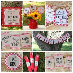 May include: A set of printable party decorations for a barbecue themed wedding or engagement party. The decorations feature a red and white gingham pattern with the text "I Do BBQ" and a ring. The set includes signs, banners, tags, and other decorations.