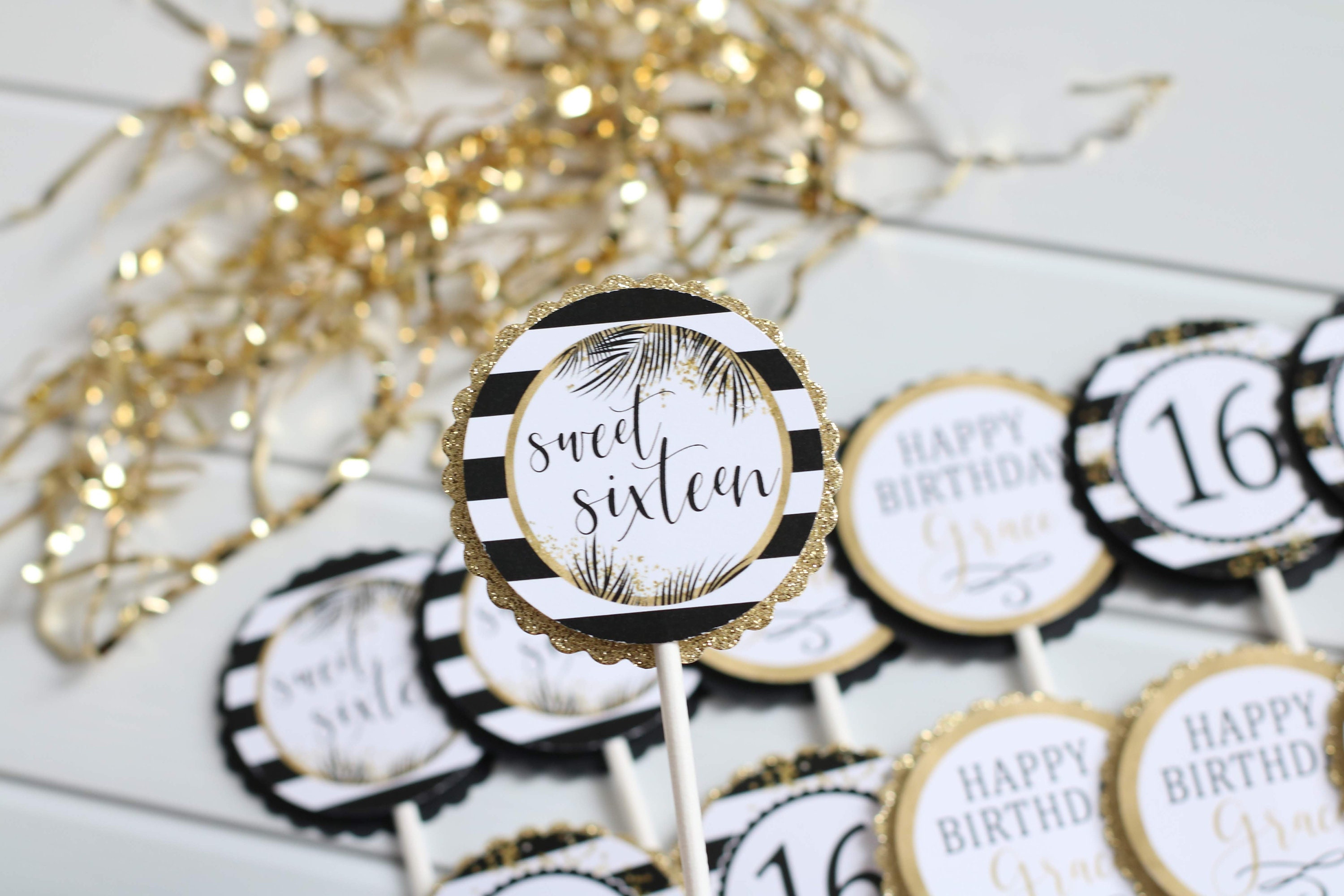 sweet-16-cupcake-toppers-16th-birthday-black-and-gold-cupcake-etsy