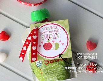 INSTANT DOWNLOAD Applesauce Valentine, Printable Main Squeeze Valentine, DIY Valentine Cards, Kids Valentine Cards for Preschool