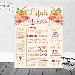 Pumpkin Girl Floral Burgundy Gold Birthday Chalkboard, Pumpkin Roses First Year Stats, Girl Milestone Sign - Printed Poster OR Digital File