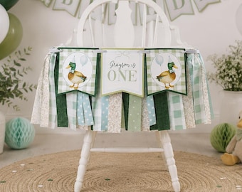 Duck High Chair Fabric Garland for First Birthday, One Lucky Duck Theme, Mallard Duck Bunting Decor, Green & Blue Birthday Party Supplies