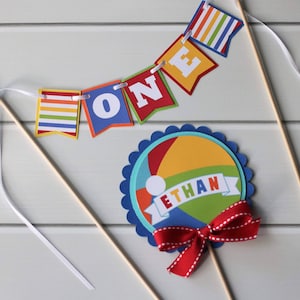 Beach Ball BOY Cake Topper Set - Cake Bunting & Topper Set - Beach Summer Pool Party Cake Banner Set, Smash Cake Topper