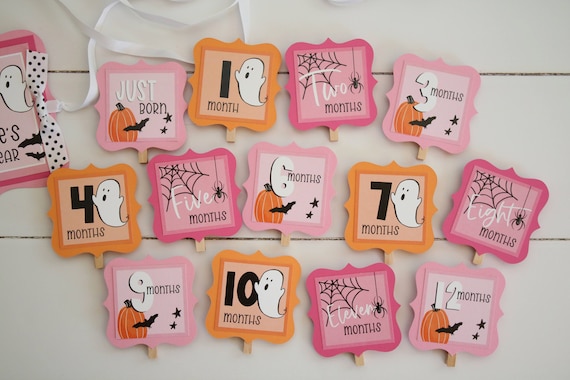 Pink Halloween Spooky One First Birthday Photo Banner, 12 Month Banner, Monthly Banner, Girly Halloween Birthday Decor, Pink Ghost
