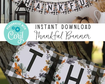 Bannière de Thanksgiving imprimable, bannière « Thankful » bricolage à carreaux Buffalo, décorations modifiables pour Thanksgiving - TÉLÉCHARGEMENT IMMÉDIAT