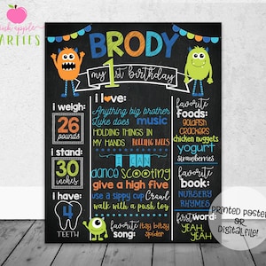 Monster Birthday Chalkboard - First Year Stats Little Monster, Orange, Green, Blue - Monster 1st Birthday - Printed Poster OR Digital File