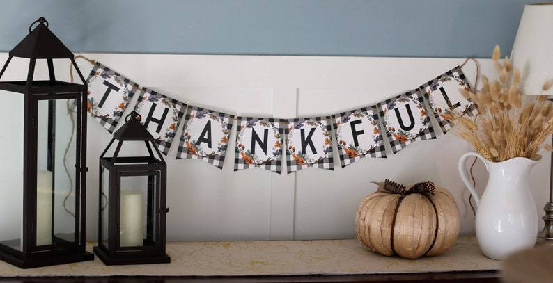 Thanksgiving Banner Printable DIY Buffalo Plaid Thankful Banner Printable Thanksgiving Decorations INSTANT DOWNLOAD image 2