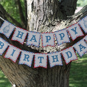 Vintage Train Birthday Banner - Choo Choo Train Birthday Decorations Fully Assembled - Red Blue Train Party Decorations