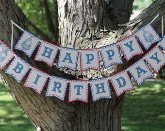 Vintage Train Birthday Banner - Choo Choo Train Birthday Decorations Fully Assembled - Red Blue Train Party Decorations
