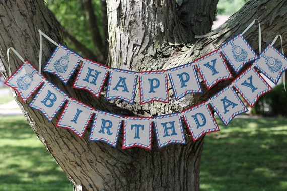 Vintage Train Birthday Banner - Choo Choo Train Birthday Decorations Fully Assembled - Red Blue Train Party Decorations