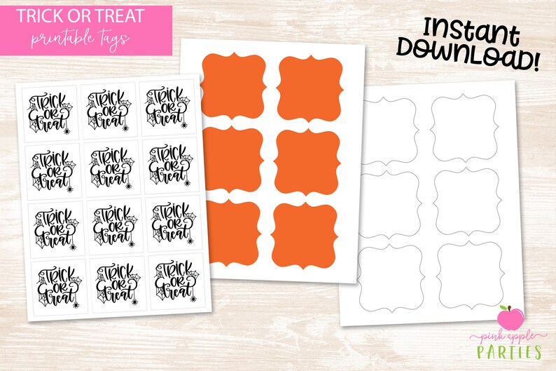 May include: Printable Halloween trick or treat tags with a black and white design. The tags feature the text "Trick or Treat" with a spider web and spider design. There are also blank tags with an orange and white design. The text "Instant Download!" is in the top right corner of the image. The text "pink apple PARTIES" is in the bottom right corner of the image.