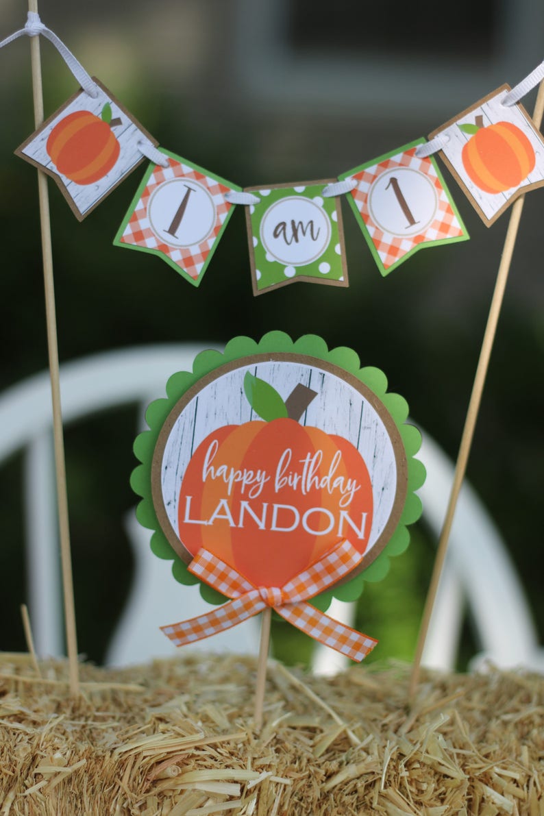 Little Pumpkin Cake Banner Set Cake Bunting /& Topper Set Pumpkin Boy Cake Topper Set Orange and Green